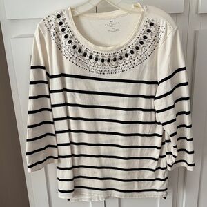 Talbots Black and White Striped Blouse with Embellished Neckline